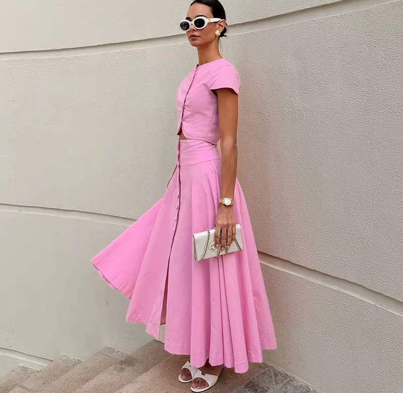 Elegant O-neck Single Breasted Short Sleeve Short Top Button Wide Leg Skirts - Image 3