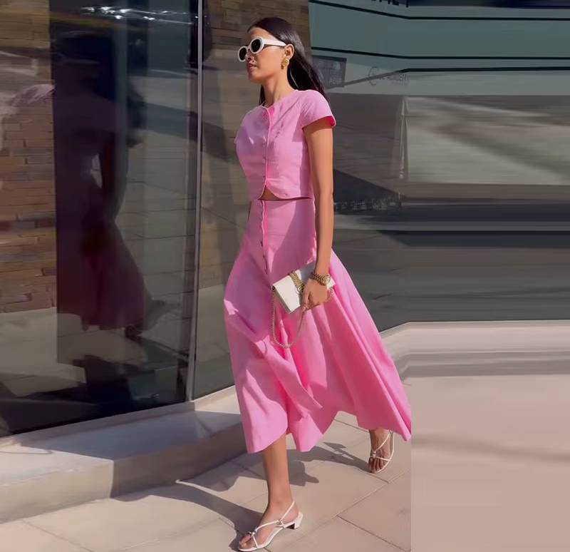 Elegant O-neck Single Breasted Short Sleeve Short Top Button Wide Leg Skirts - Image 8