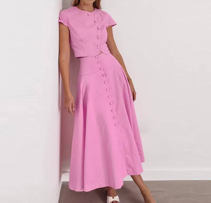 Elegant O-neck Single Breasted Short Sleeve Short Top Button Wide Leg Skirts - Image 5