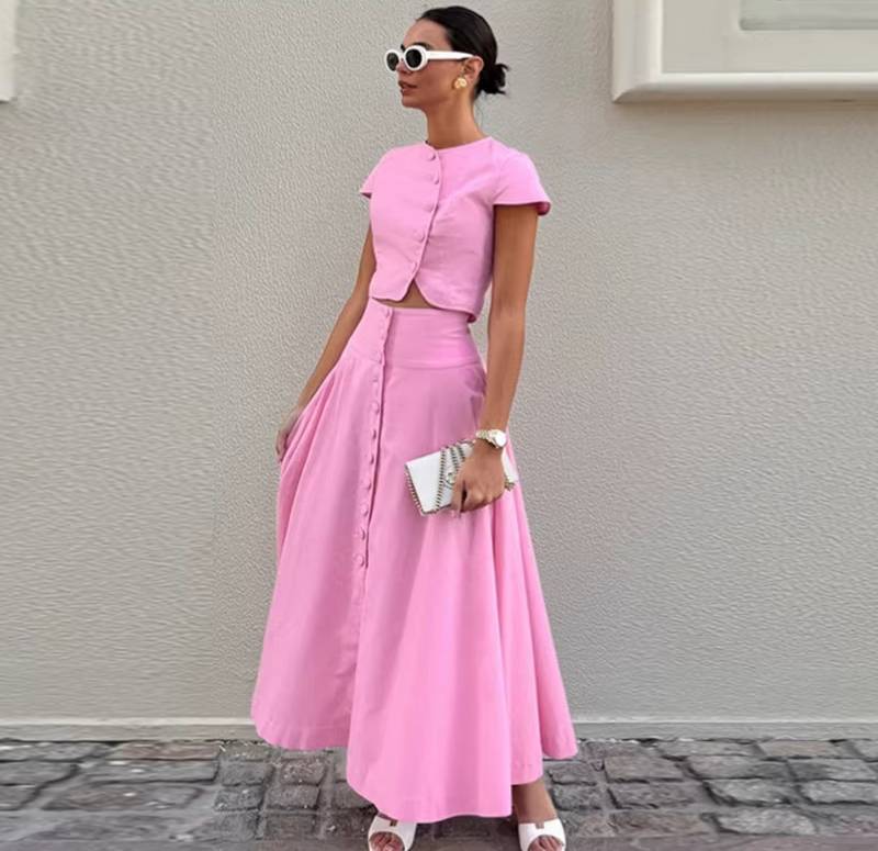 Elegant O-neck Single Breasted Short Sleeve Short Top Button Wide Leg Skirts - Image 4