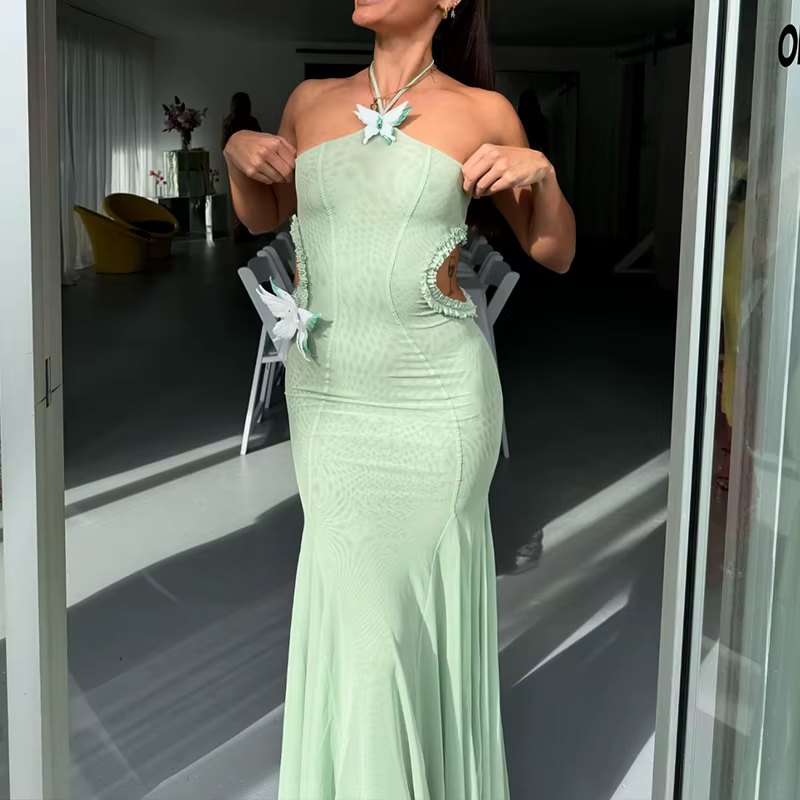 Elegant Off Shoulder Butterfly Appliques See Through Hollow Out Halter Maxi Dress - Image 5