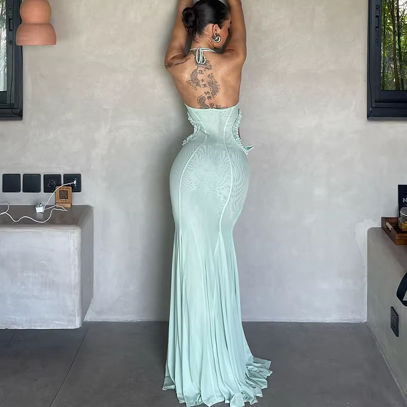 Elegant Off Shoulder Butterfly Appliques See Through Hollow Out Halter Maxi Dress - Image 8