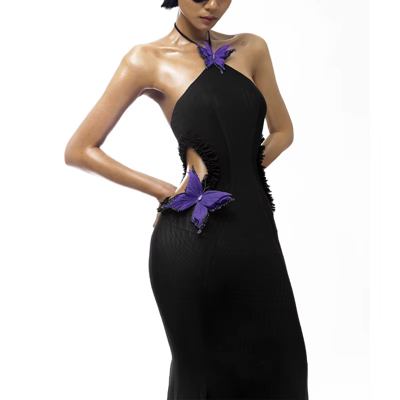 Elegant Off Shoulder Butterfly Appliques See Through Hollow Out Halter Maxi Dress - Image 9