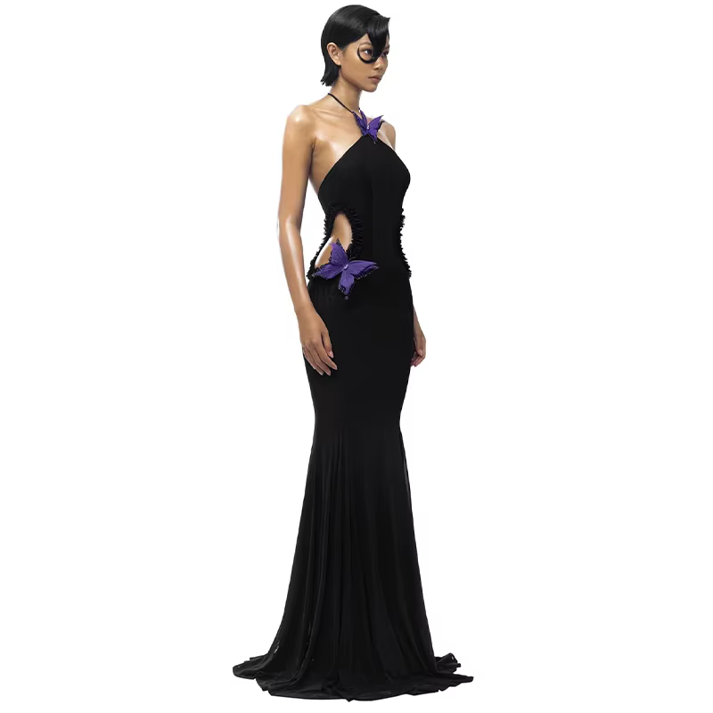 Elegant Off Shoulder Butterfly Appliques See Through Hollow Out Halter Maxi Dress - Image 10