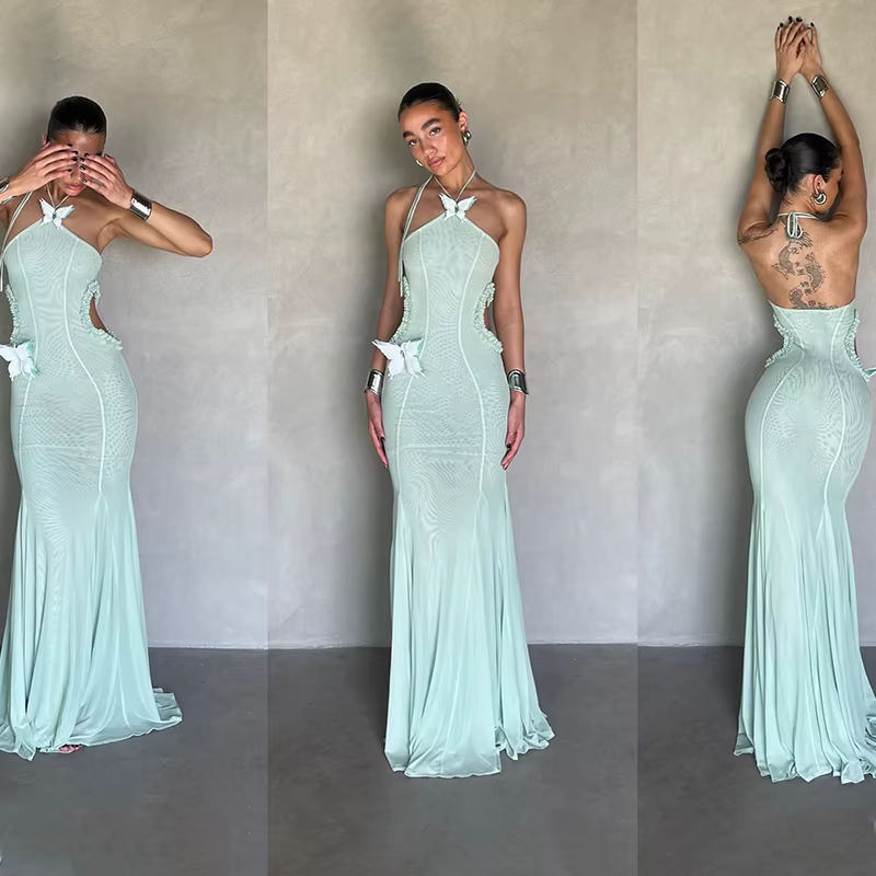 Elegant Off Shoulder Butterfly Appliques See Through Hollow Out Halter Maxi Dress - Image 7