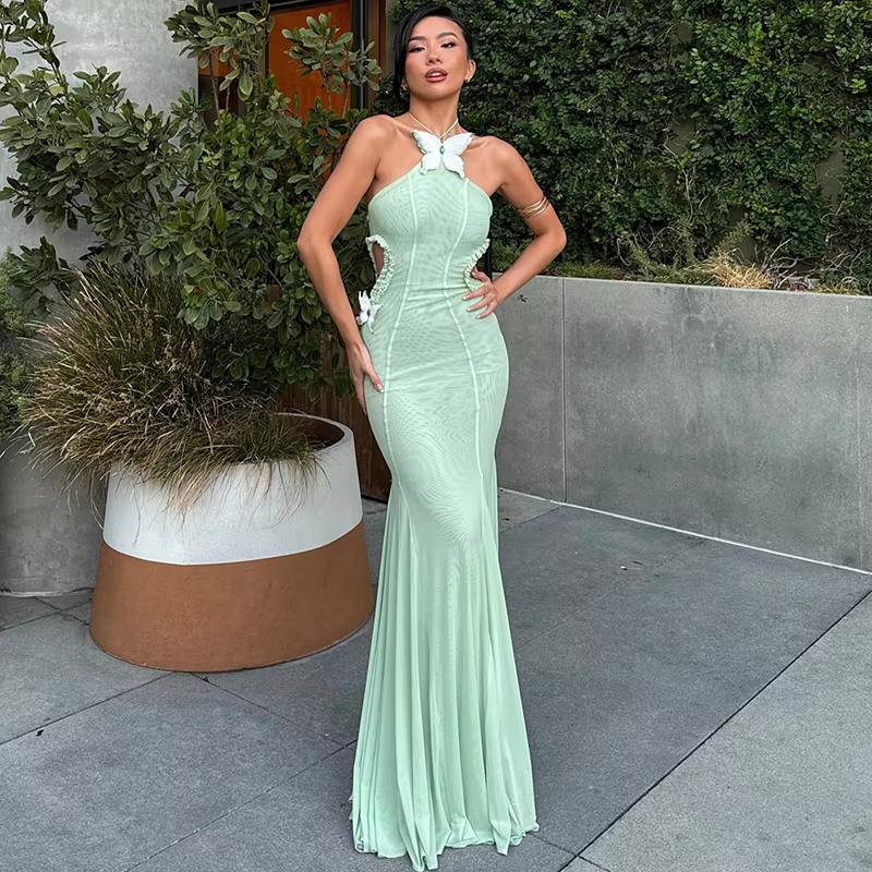 Elegant Off Shoulder Butterfly Appliques See Through Hollow Out Halter Maxi Dress