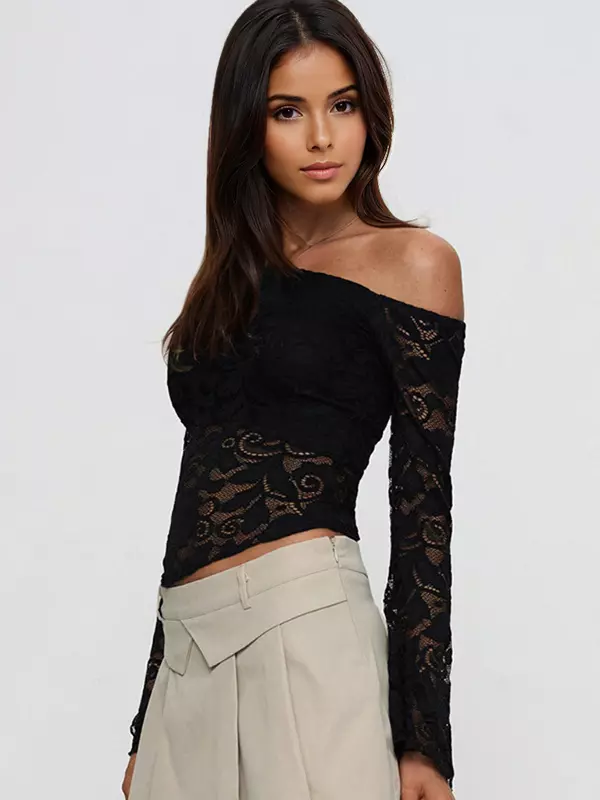 Elegant Off-Shoulder Flared Long Sleeves Open Shoulder Lace Top - Image 2