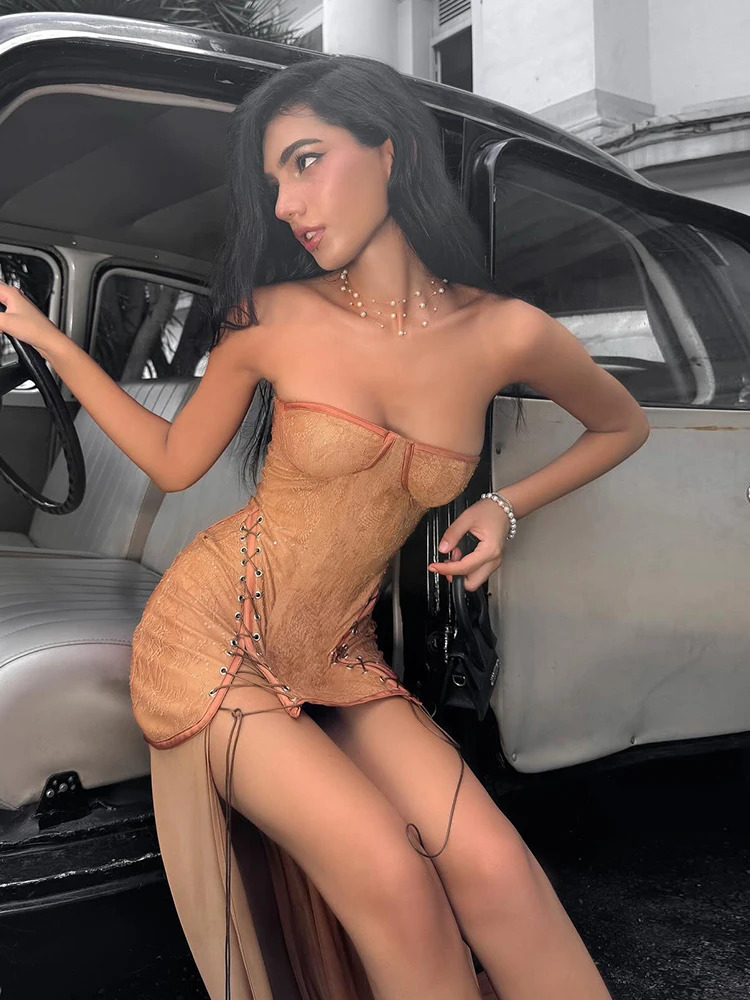 Elegant Off Shoulder Jacquard Strapless Shirring Mesh Splits Hem Maxi Dress - Image 7