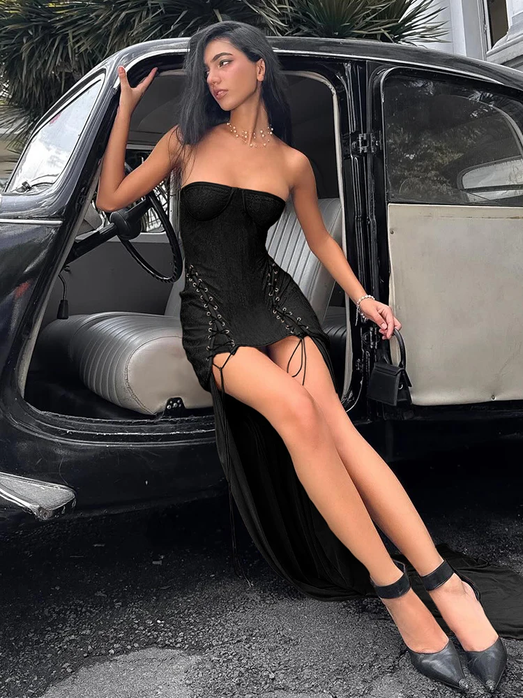 Elegant Off Shoulder Jacquard Strapless Shirring Mesh Splits Hem Maxi Dress - Image 10