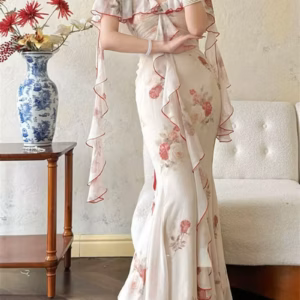 Elegant Off Shoulder Ruffle Vintage Lace Floral Print Slim Fit Long Maxi Dress