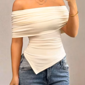 Elegant Patchwork Off Shoulder Slash Neck Streetwear Slim Versatile T-shirt