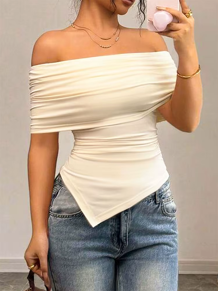 Elegant Patchwork Off Shoulder Slash Neck Streetwear Slim Versatile T-shirt