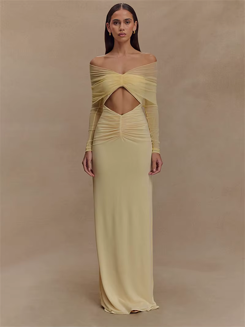 Elegant Off-shoulder Hollow Out Strapless Long Sleeve Ruched Club Party Long Maxi Dress - Image 8
