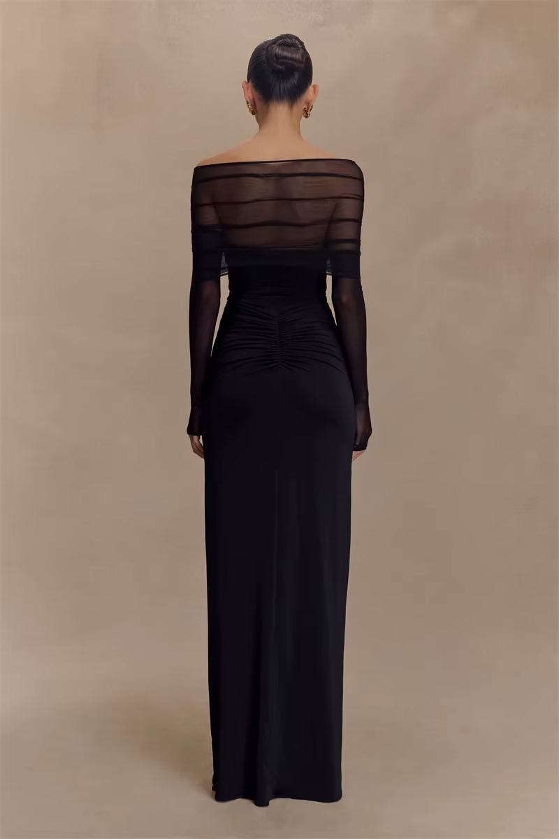 Elegant Off-shoulder Hollow Out Strapless Long Sleeve Ruched Club Party Long Maxi Dress - Image 7