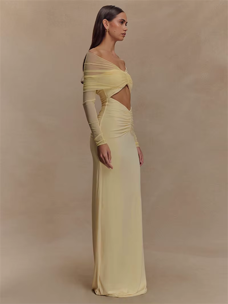 Elegant Off-shoulder Hollow Out Strapless Long Sleeve Ruched Club Party Long Maxi Dress - Image 9