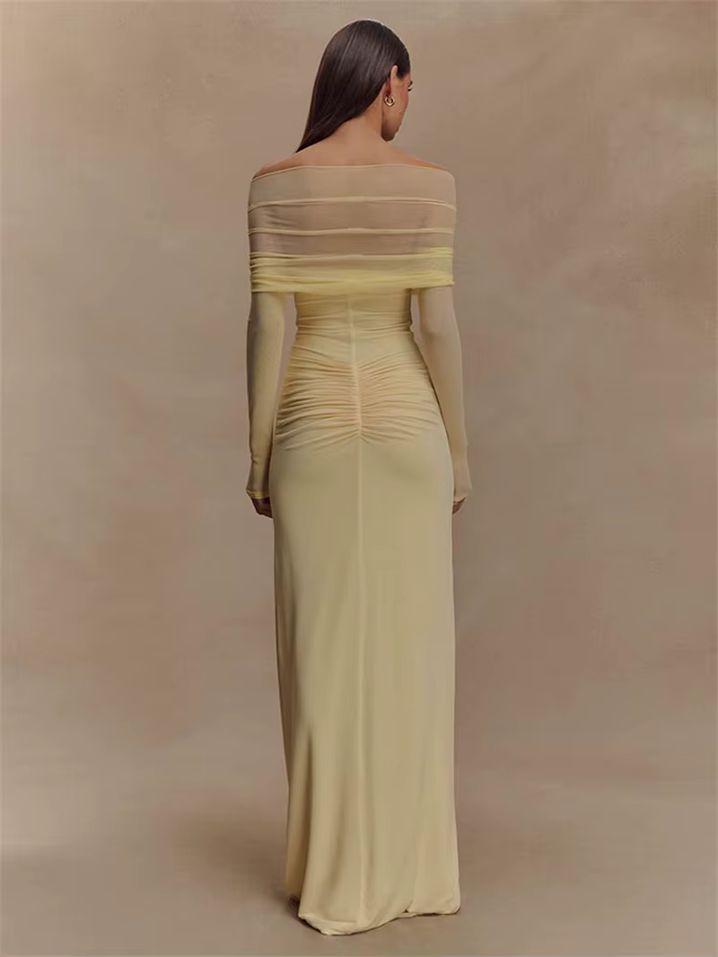 Elegant Off-shoulder Hollow Out Strapless Long Sleeve Ruched Club Party Long Maxi Dress - Image 15