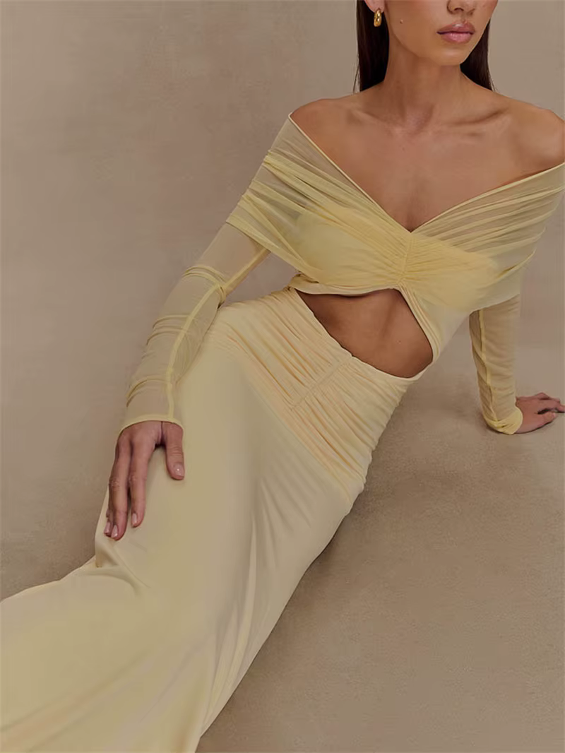 Elegant Off-shoulder Hollow Out Strapless Long Sleeve Ruched Club Party Long Maxi Dress - Image 10