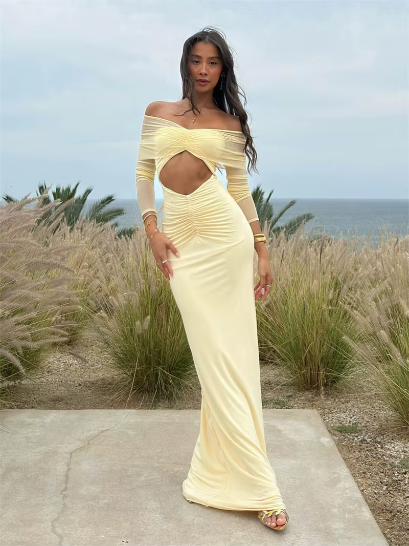 Elegant Off-shoulder Hollow Out Strapless Long Sleeve Ruched Club Party Long Maxi Dress - Image 12