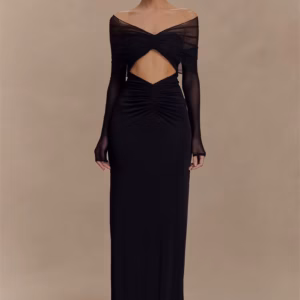 Elegant Off-shoulder Hollow Out Strapless Long Sleeve Ruched Club Party Long Maxi Dress