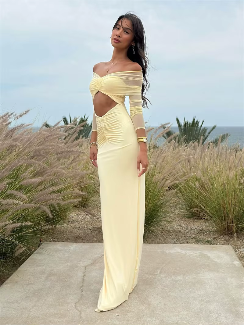 Elegant Off-shoulder Hollow Out Strapless Long Sleeve Ruched Club Party Long Maxi Dress - Image 11