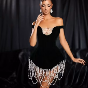 Elegant Off the Shoulder Pear Beading Nightclub Party Bodycon Mini Bandage Dress