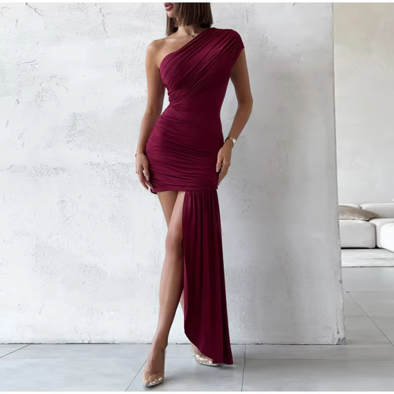 Elegant One Shoulder Backless A-LINE Slash Neck Pleated Beach Party Mini Dress - Image 12