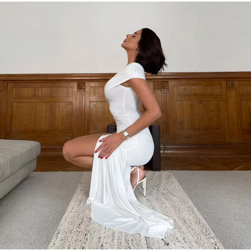 Elegant One Shoulder Backless A-LINE Slash Neck Pleated Beach Party Mini Dress - Image 4