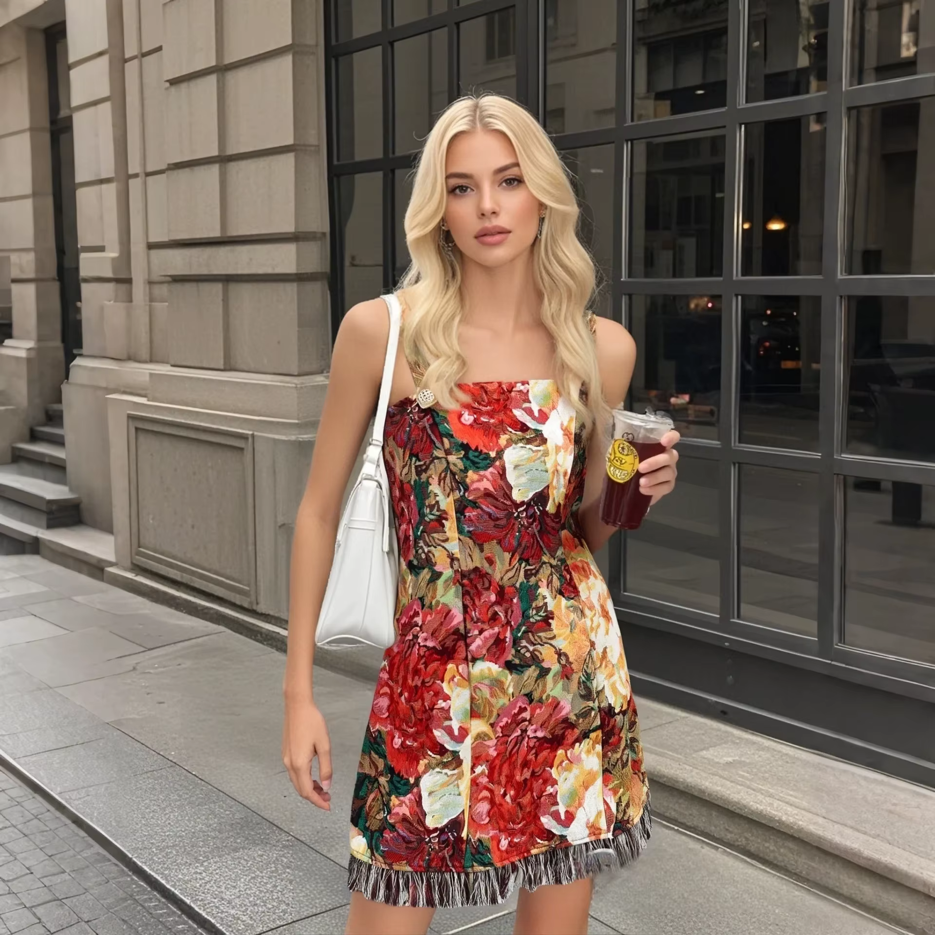 Elegant Painting Tassel Decoration Suspender Skirt Mini Dress