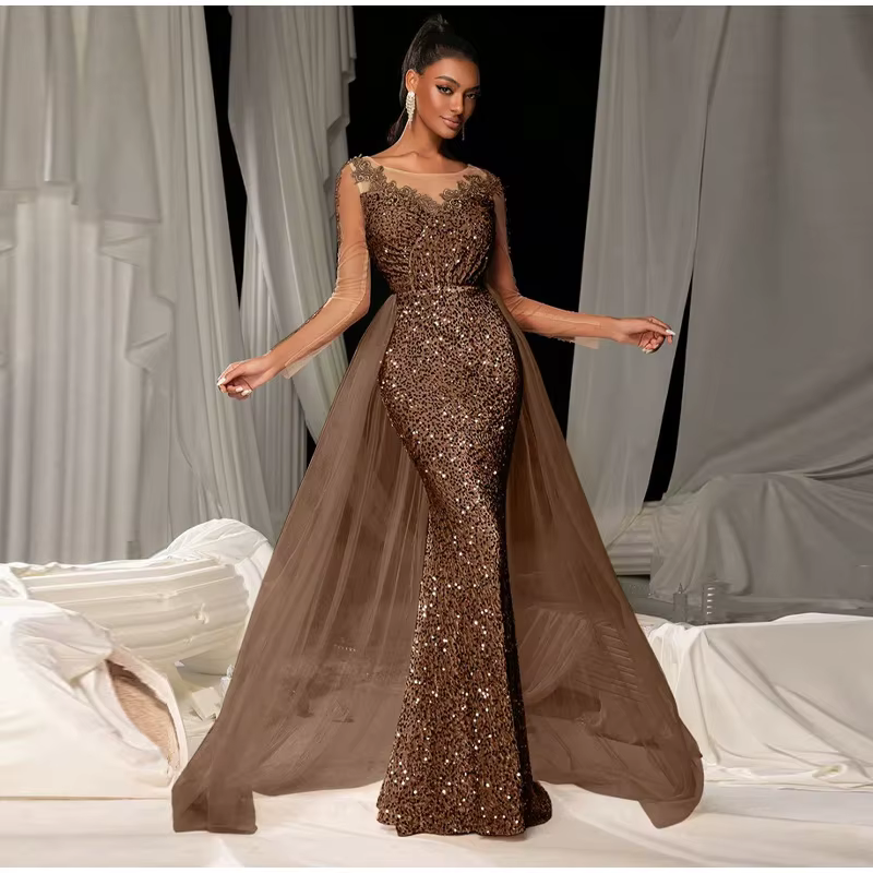 Elegant Patchwork Full Sleeve Beading Sequin See Through Long Maxi Dress