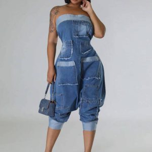 Elegant Patchwork Strapless Bomb Jean Night Club Jumpsuits