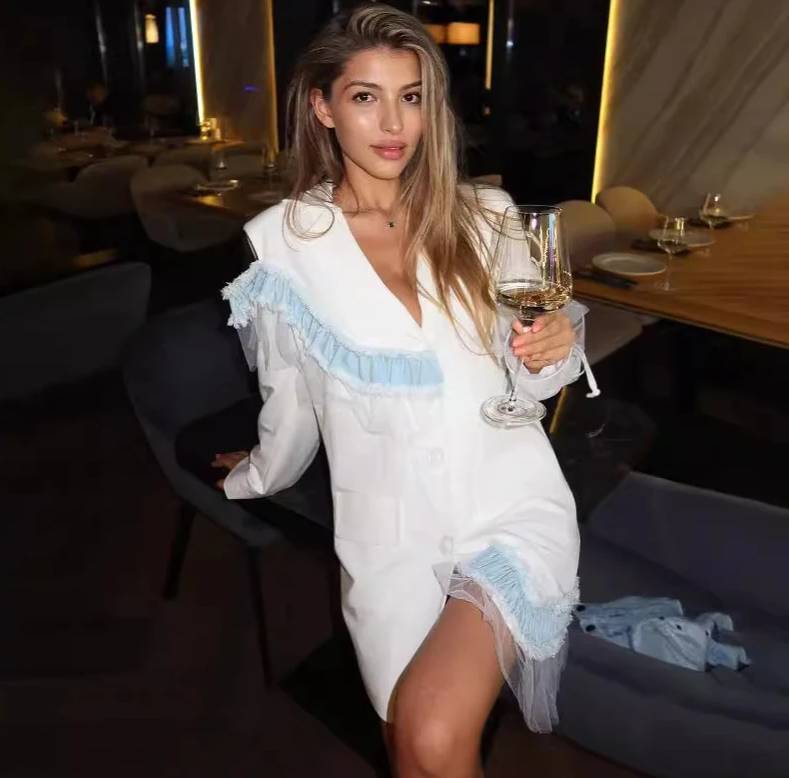 Elegant Patchwork White Blazer With Frayed Details Denim Skirts 2 Piece Set - Image 3