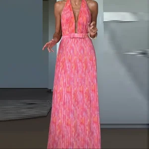 Elegant Pattern Print Pleated Sleeveless Backless Low-cut V-neck Tie-up Evening Long Maxi Dress