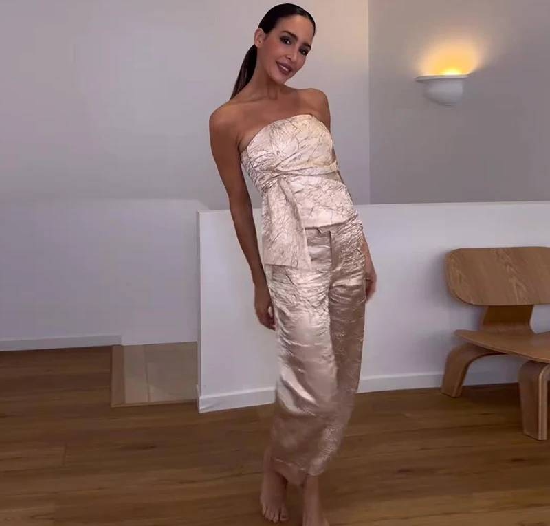 Elegant Pearlescent Sleeveless Tube Pleated Tops Straight Pant 2 Piece Suit - Image 2