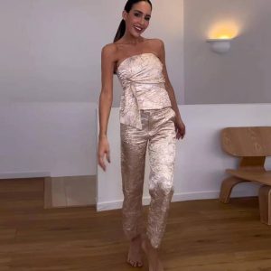 Elegant Pearlescent Sleeveless Tube Pleated Tops Straight Pant 2 Piece Suit