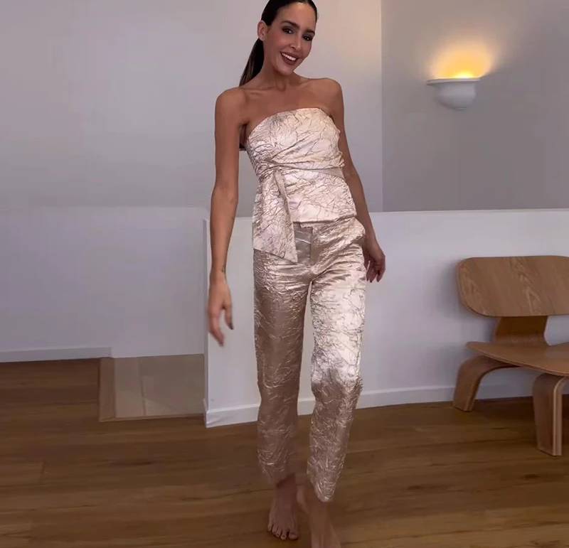 Elegant Pearlescent Sleeveless Tube Pleated Tops Straight Pant 2 Piece Suit