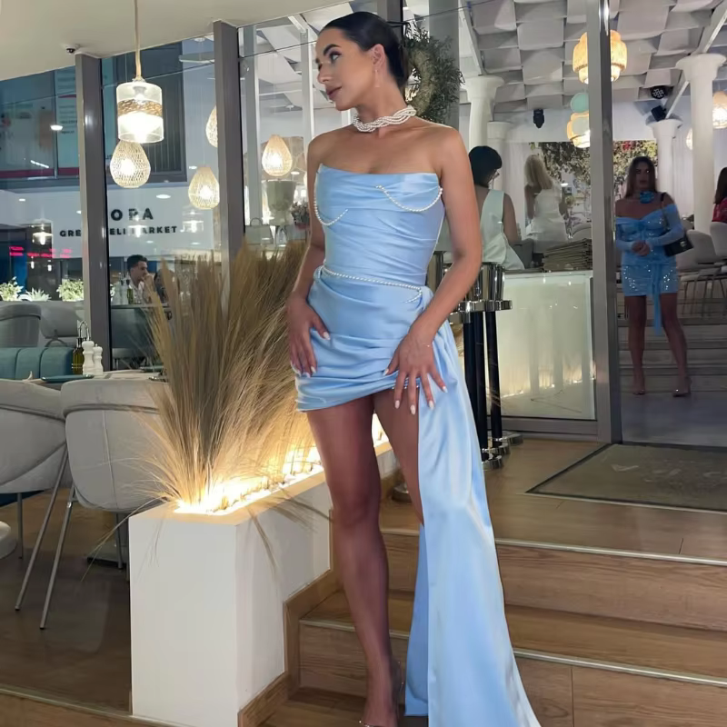 Elegant Pearls Satin Hollow Out Strapless Pleated Backless Sleeveless Mini Dresses