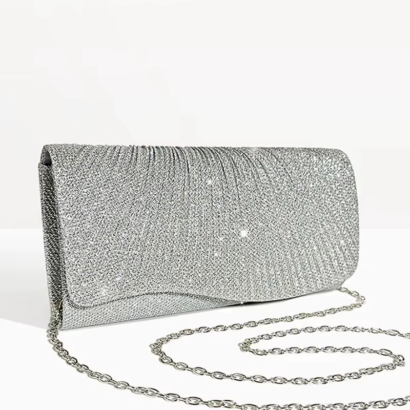 Elegant Pleated Long Chain Party Evening Diamond Wedding Clutch - Image 5