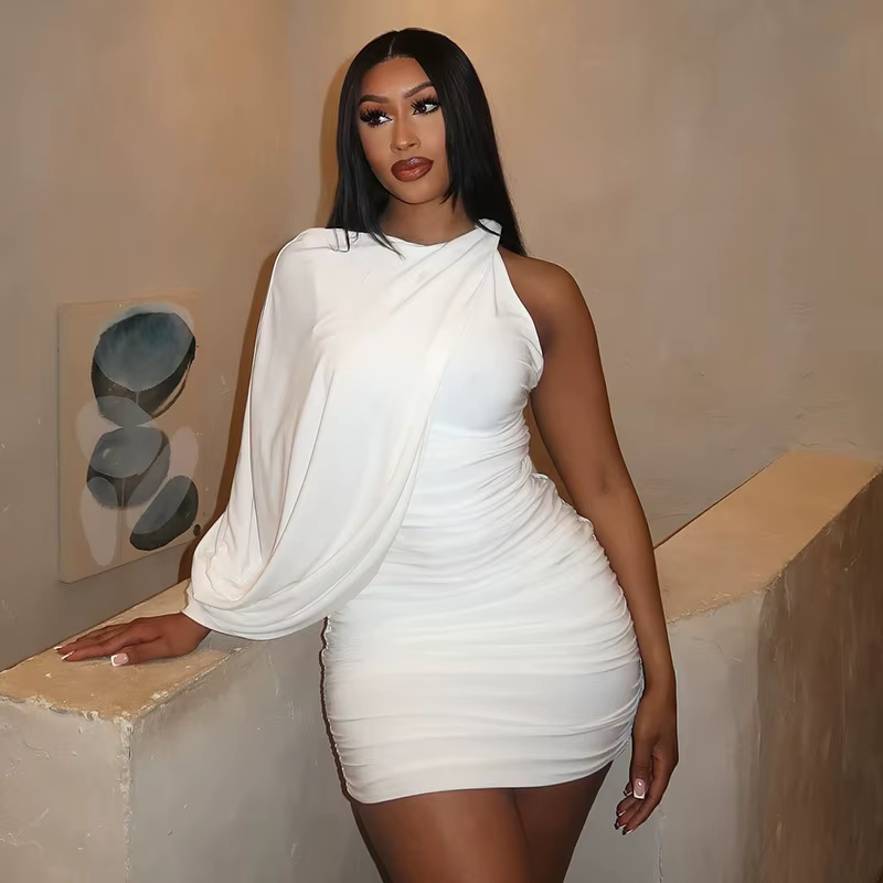 Elegant Pleated O-Neck Asymmetric Single Sleeve One-Shoulder Body-Shaping Mini Dresses