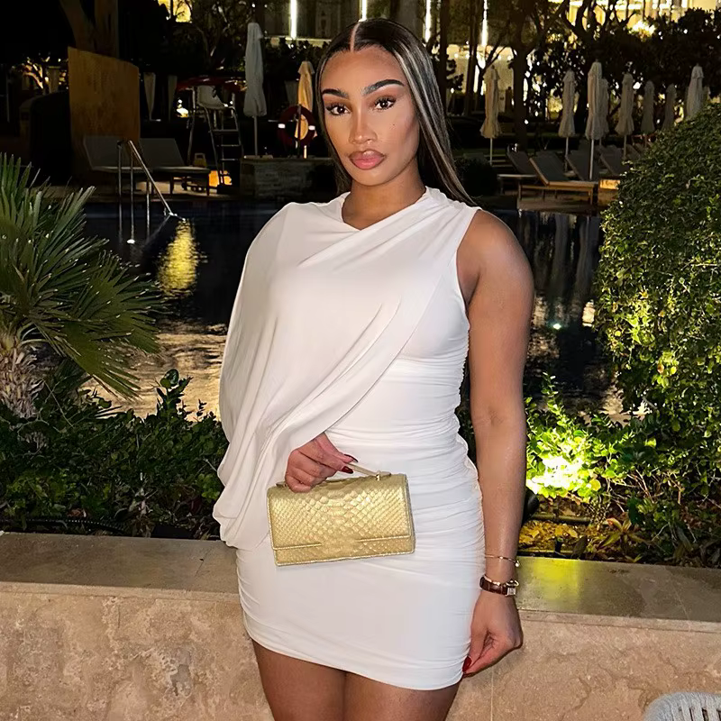 Elegant Pleated O-Neck Asymmetric Single Sleeve One-Shoulder Body-Shaping Mini Dresses - Image 4