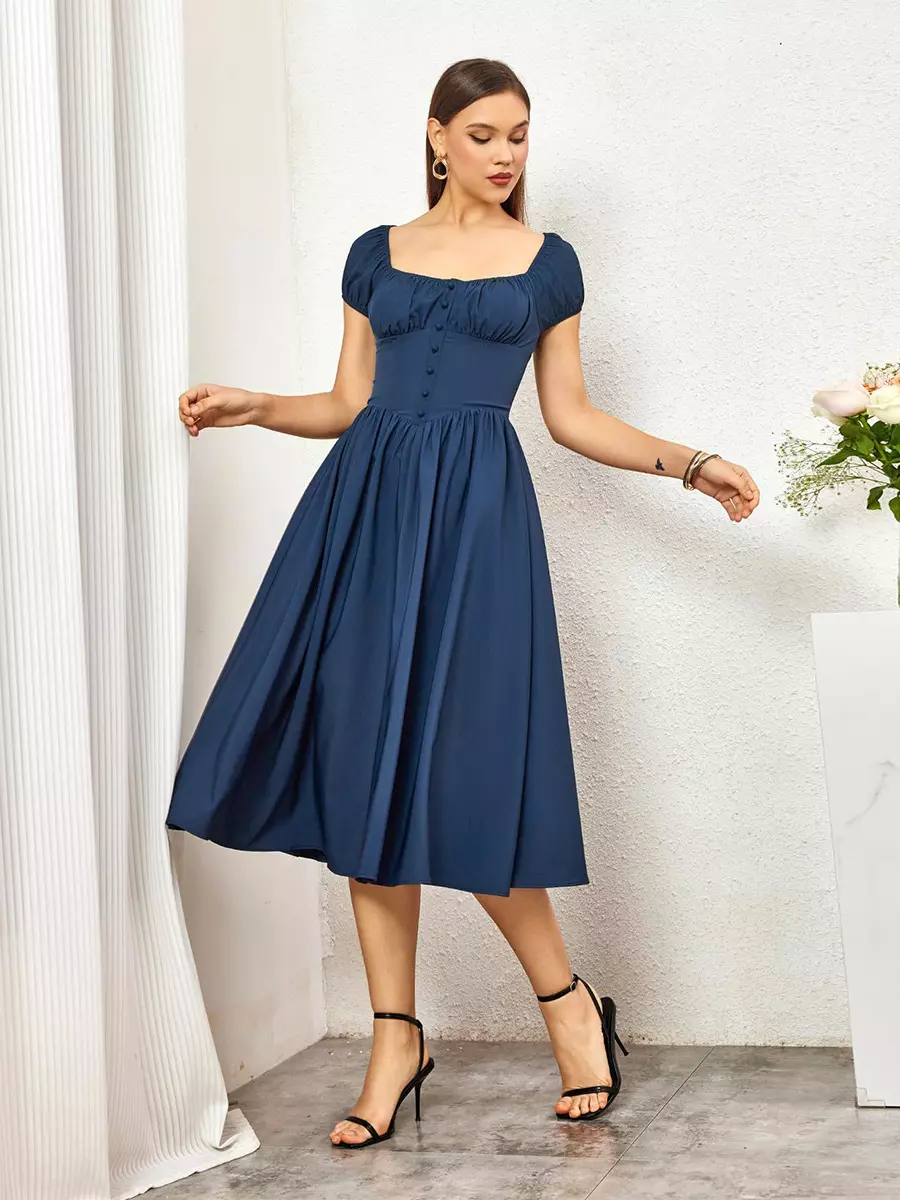 Elegant Pleated Square Neck Midi Dress With Puffed Sleeves - Image 12