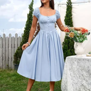 Elegant Pleated Square Neck Midi Dress With Puffed Sleeves