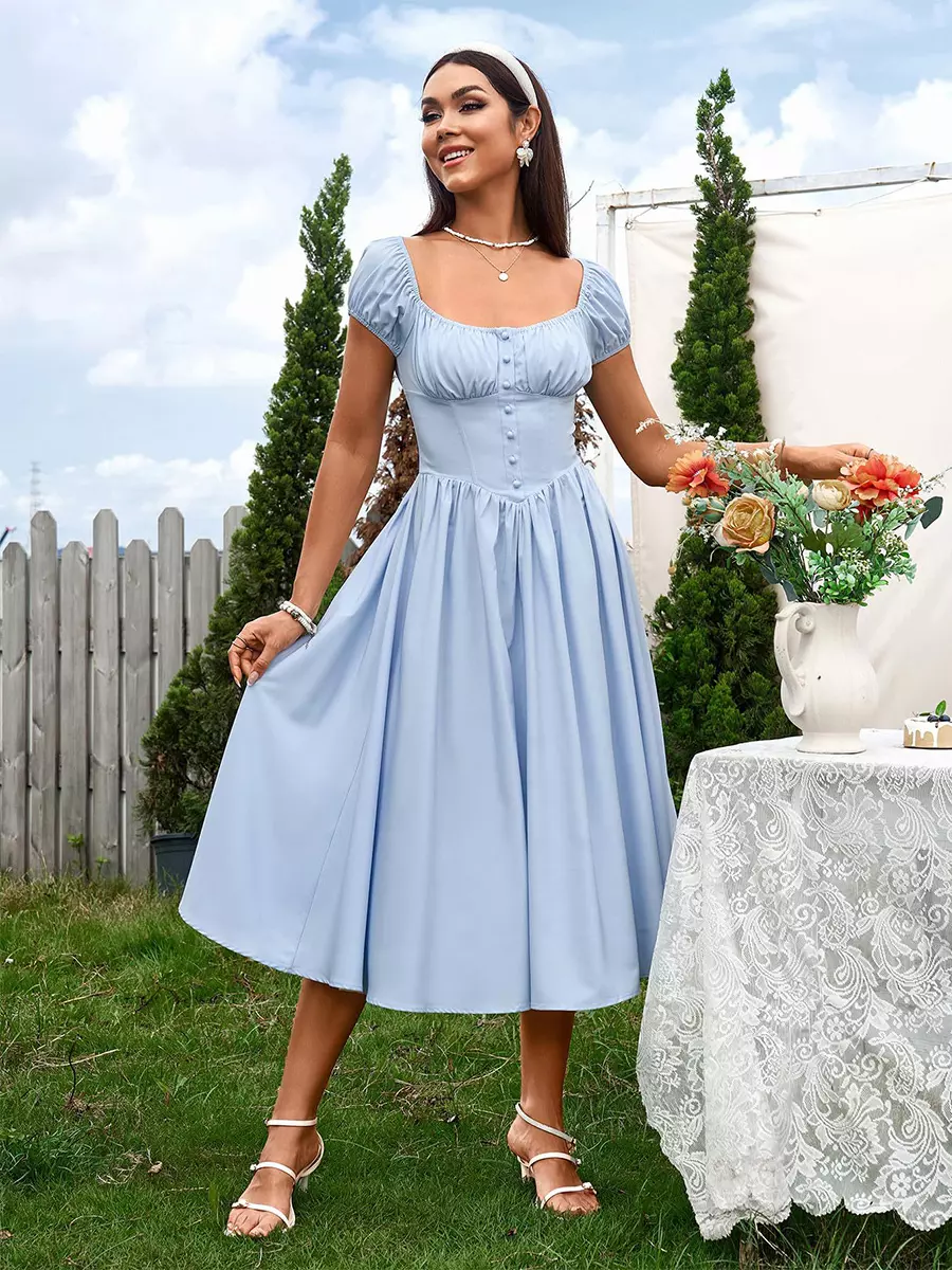 Elegant Pleated Square Neck Midi Dress With Puffed Sleeves