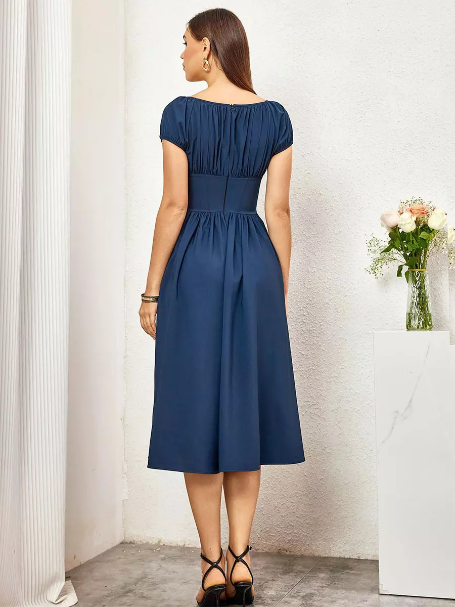 Elegant Pleated Square Neck Midi Dress With Puffed Sleeves - Image 13