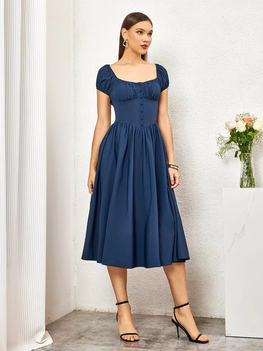 Elegant Pleated Square Neck Midi Dress With Puffed Sleeves - Image 11