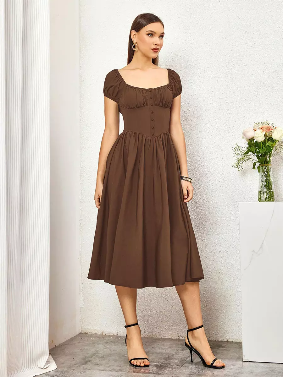 Elegant Pleated Square Neck Midi Dress With Puffed Sleeves - Image 5