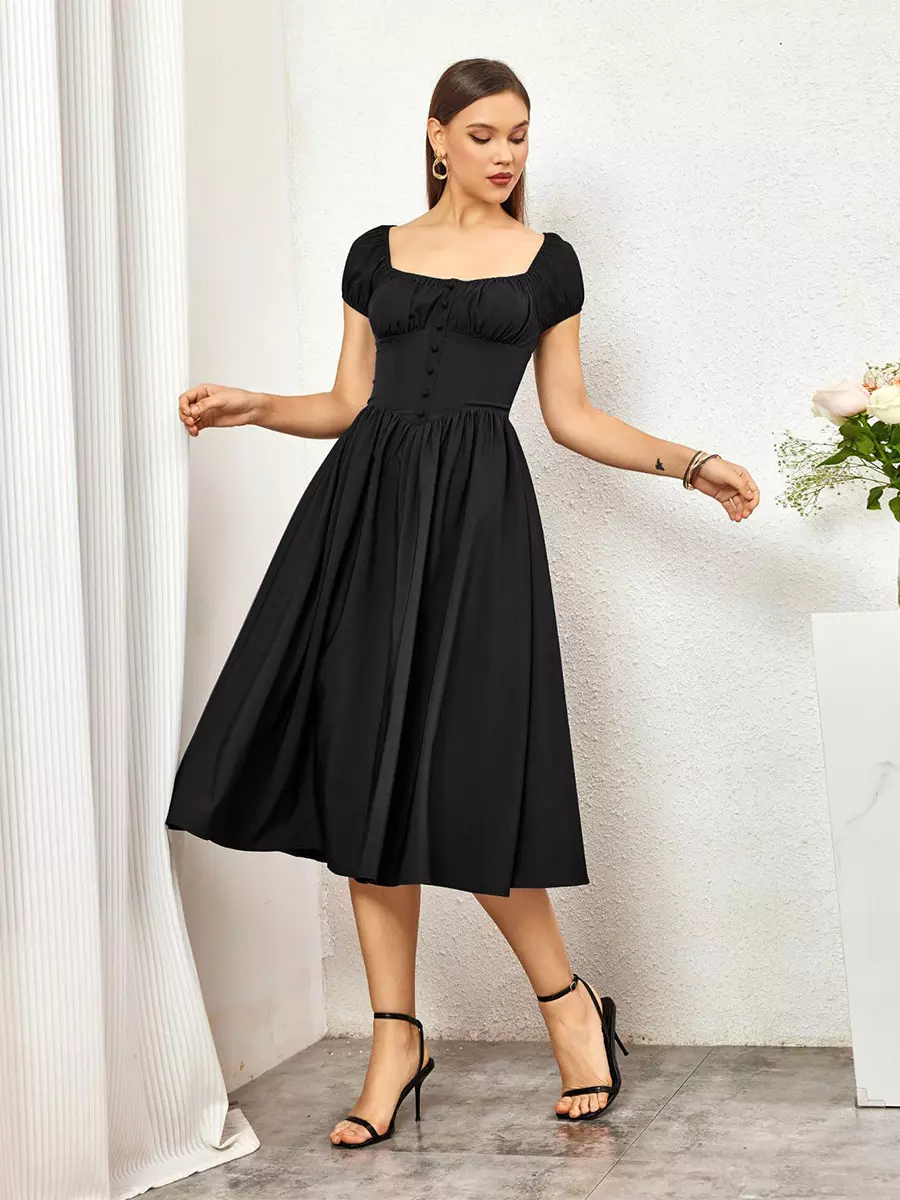 Elegant Pleated Square Neck Midi Dress With Puffed Sleeves - Image 9