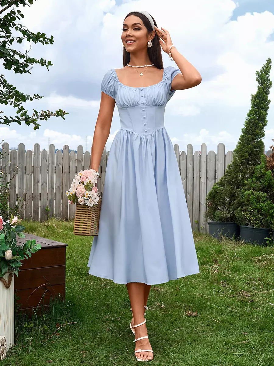Elegant Pleated Square Neck Midi Dress With Puffed Sleeves - Image 2