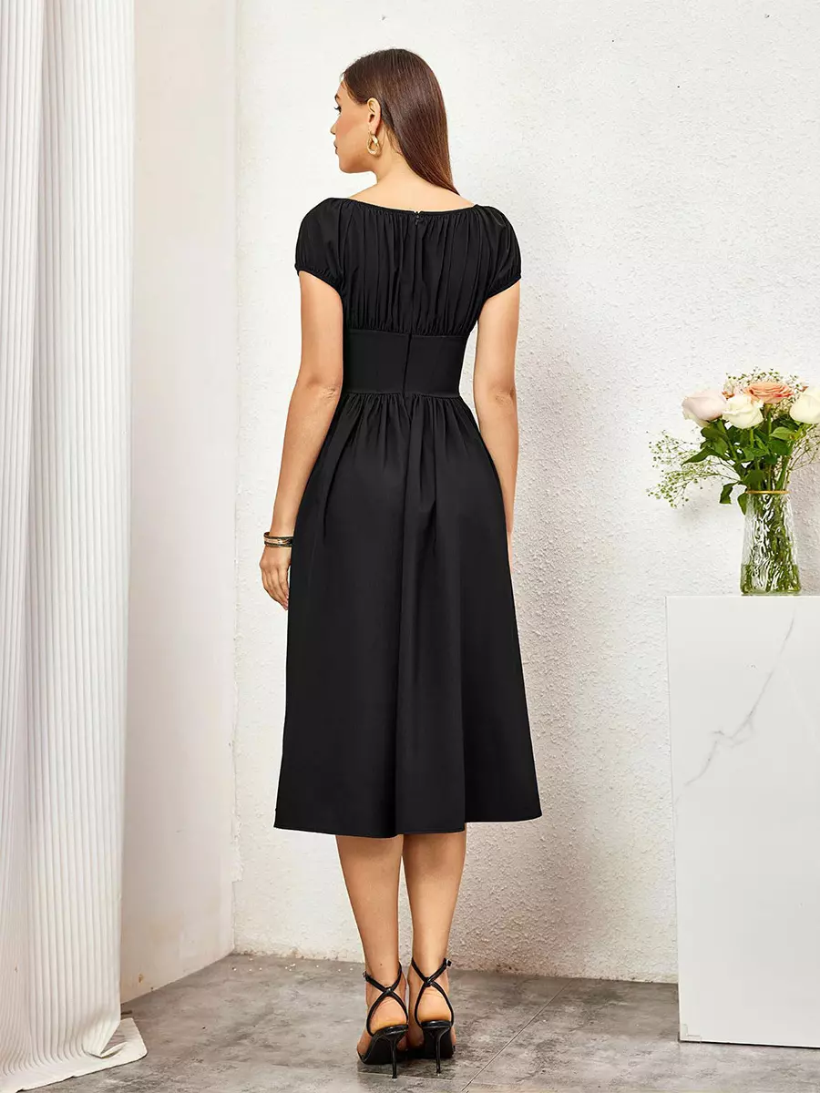 Elegant Pleated Square Neck Midi Dress With Puffed Sleeves - Image 10
