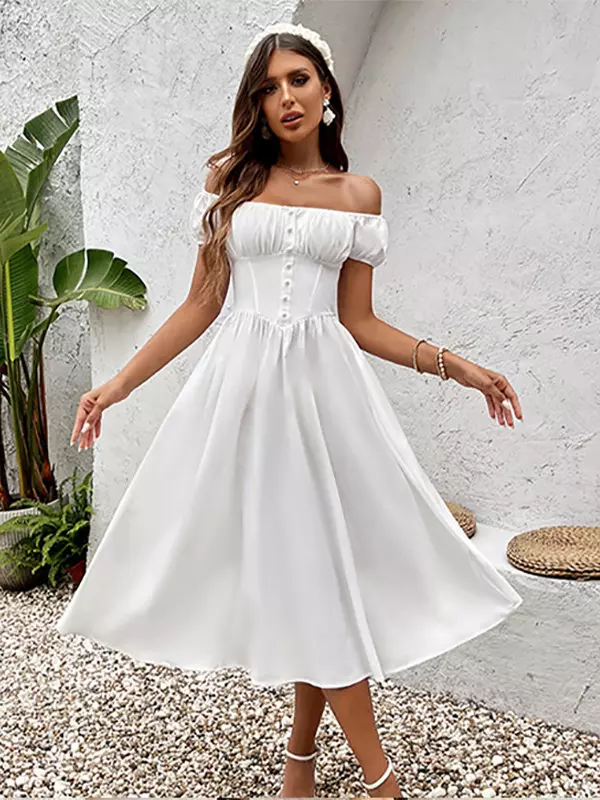 Elegant Pleated Square Neck Midi Dress With Puffed Sleeves - Image 4