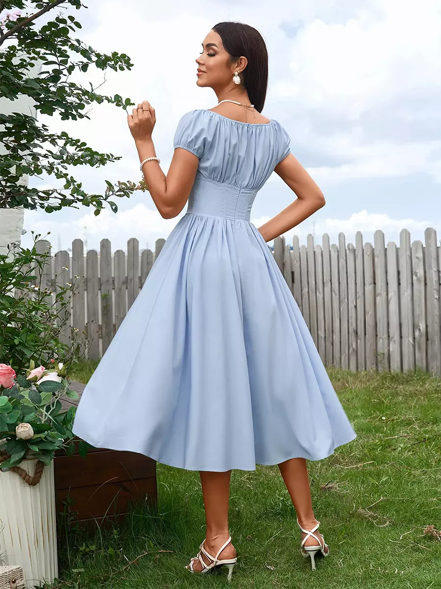 Elegant Pleated Square Neck Midi Dress With Puffed Sleeves - Image 3